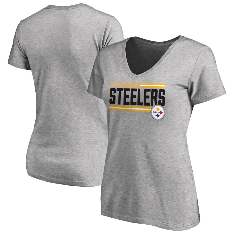 Women's Pittsburgh Steelers Heather Gray Iconic Collection On Side Stripe V-Neck T-Shirt - Jersey