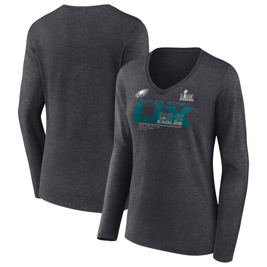Women's Philadelphia Eagles Fanatics Heather Charcoal Super Bowl LIX Quick Pass Long Sleeve V-Neck T-Shirt - Jersey