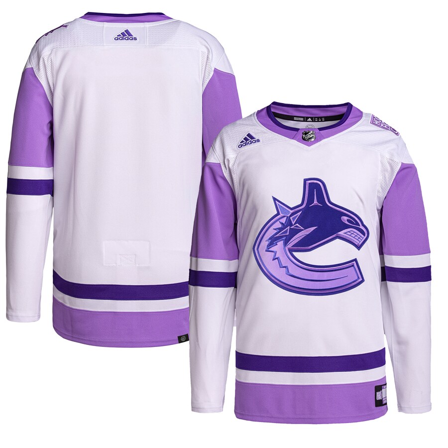 Men's Vancouver Canucks adidas White/Purple Hockey Fights Cancer Primegreen Authentic Blank Practice Jersey - Jersey