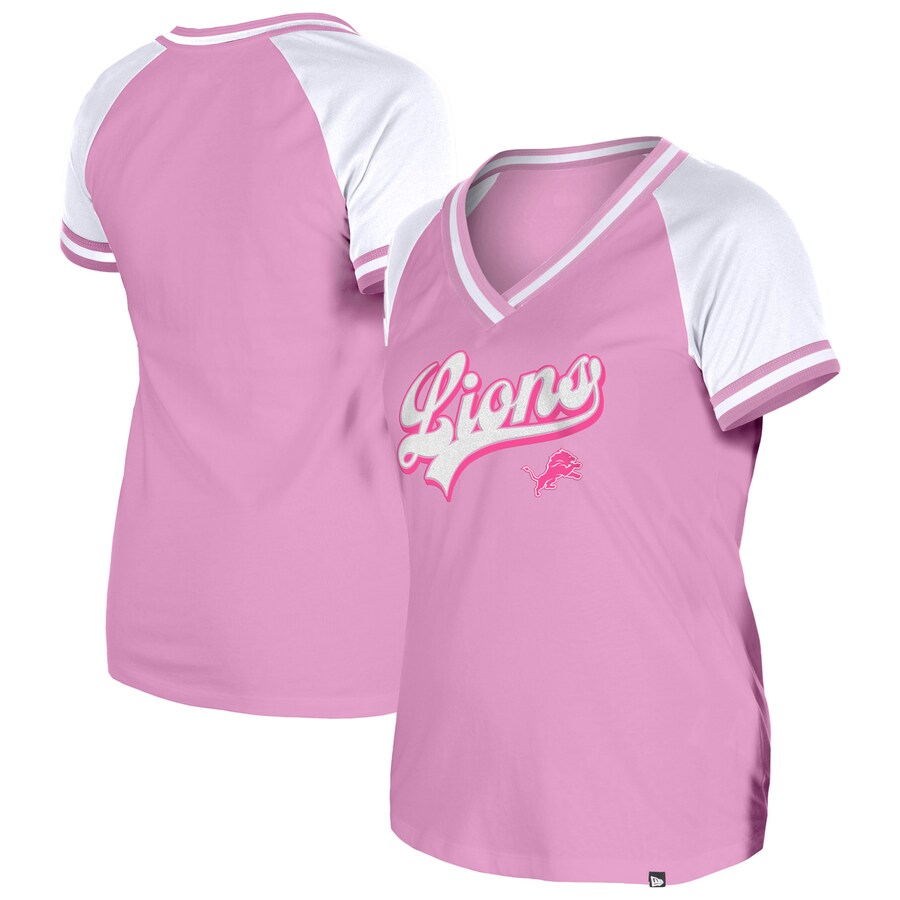 Women's Detroit Lions New Era Pink Color Multiplier V-Neck T-Shirt - Jersey