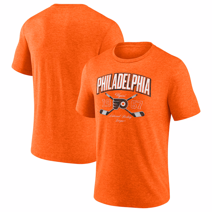 Men's Philadelphia Flyers Fanatics Heather Orange Vintage Cross Sticks Distressed Tri-Blend T-Shirt - Jersey