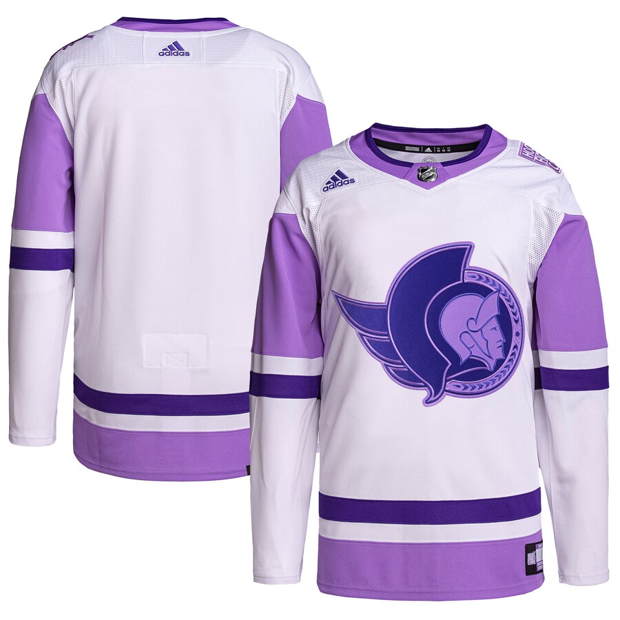 Men's Ottawa Senators adidas White/Purple Hockey Fights Cancer Primegreen Authentic Blank Practice Jersey - Jersey