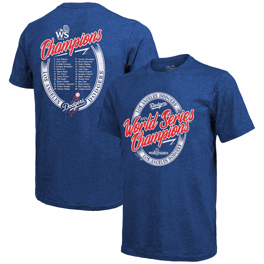 Men's Los Angeles Dodgers Majestic Threads Royal 2024 World Series Champions Tri-Blend Roster T-Shirt - Jersey