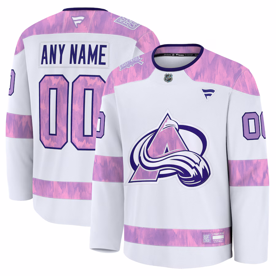 Men's Colorado Avalanche Fanatics White 2024 Hockey Fights Cancer Custom Practice Jersey - Jersey