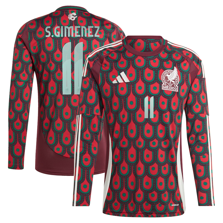 Men's Mexico National Team Santiago Giménez adidas Burgundy 2024 Home Replica Player Long Sleeve Jersey - Jersey