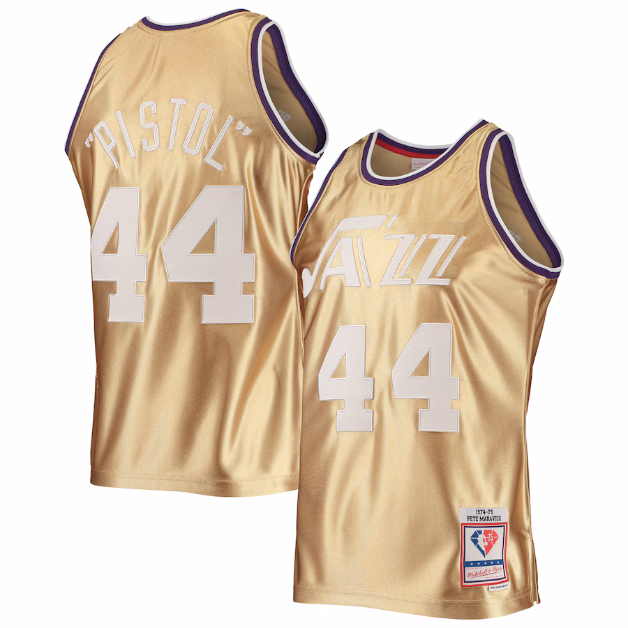 Men's New Orleans Jazz Pete Maravich Gold Mitchell & Ness 75th Anniversary 1974/75 Hardwood Classics Swingman Jersey - Jersey
