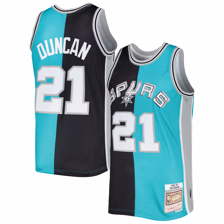 Men's San Antonio Spurs Tim Duncan Mitchell & Ness Black/Teal Hardwood Classics 1998/99 Split Swingman Jersey - Jersey