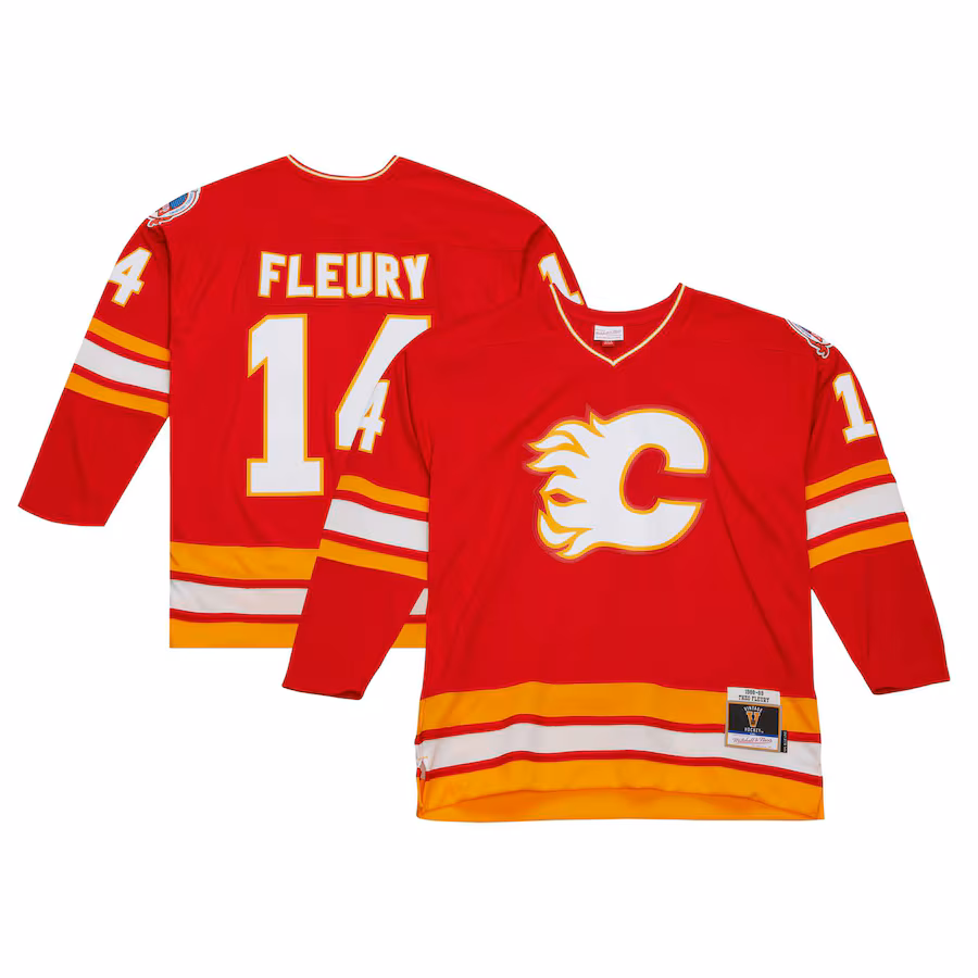 Men's Calgary Flames Theoren Fleury Mitchell & Ness Red 1988/89 Blue Line Player Jersey - Jersey