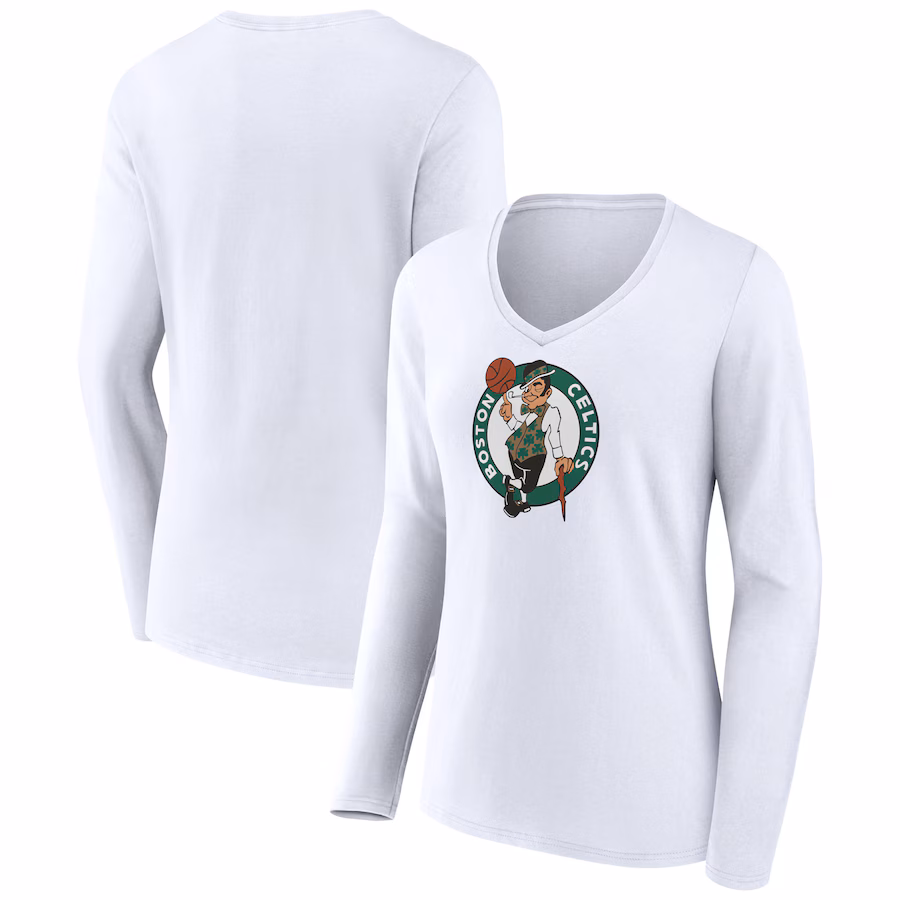 Women's Boston Celtics White Logo Long Sleeve V-Neck T-Shirt - Jersey