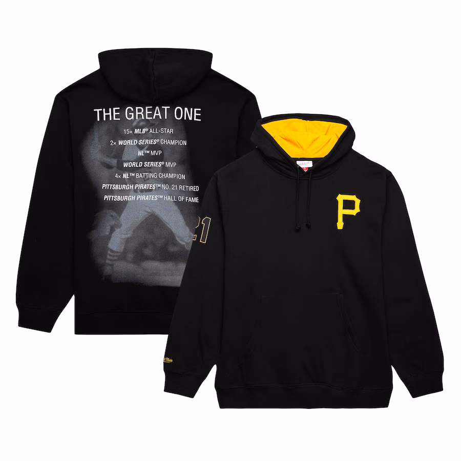 Men's Pittsburgh Pirates Roberto Clemente Mitchell & Ness Black Vintage Logo Name & Number Pullover Hoodie - Jersey