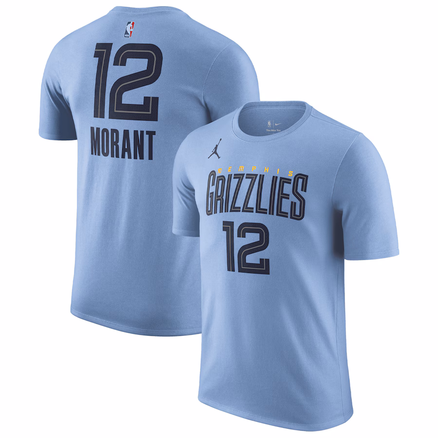 Men's Memphis Grizzlies Ja Morant Jordan Brand Light Blue 2022/23 Statement Edition Name & Number T-Shirt - Jersey