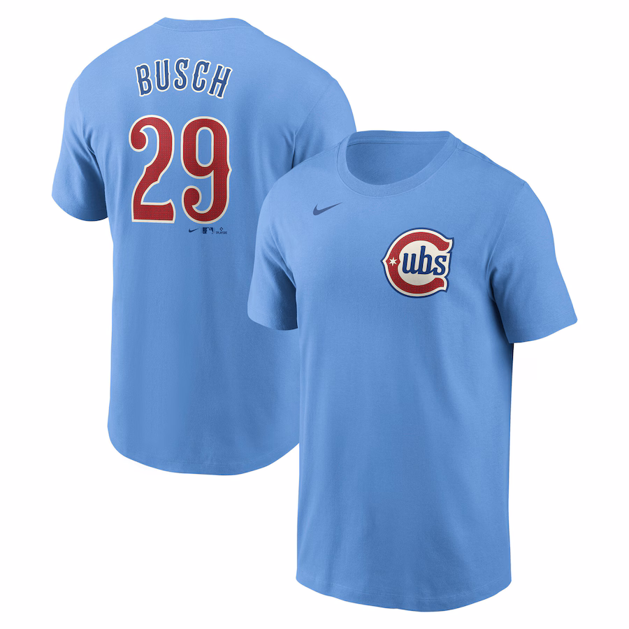 Men's Chicago Cubs Michael Busch Nike Baby Blue Fuse Name & Number T-Shirt - Jersey