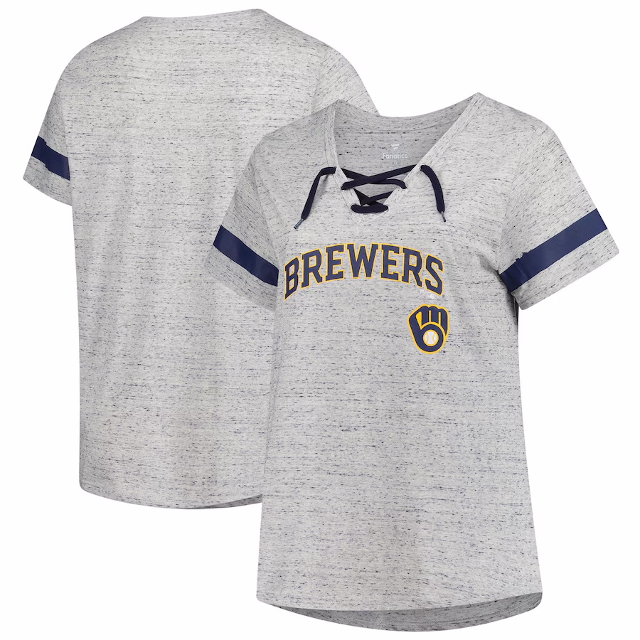 Women's Milwaukee Brewers Profile Heather Gray Raglan Lace-Up Fleck T-Shirt - Jersey