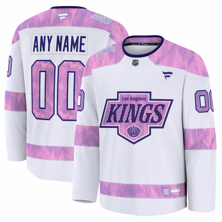 Men's Los Angeles Kings Fanatics White 2024 Hockey Fights Cancer Custom Practice Jersey - Jersey