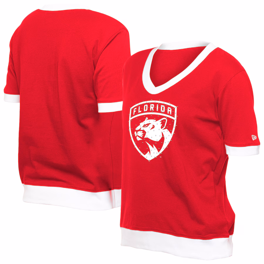 Women's Florida Panthers New Era Red Game Day Rhinestuds T-Shirt - Jersey