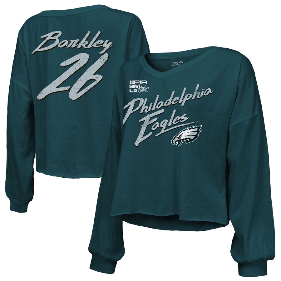 Women's Philadelphia Eagles Saquon Barkley Majestic Threads Midnight Green Super Bowl LIX Name & Number Off-Shoulder Script Long Sleeve V-Neck T-Shirt - Jersey