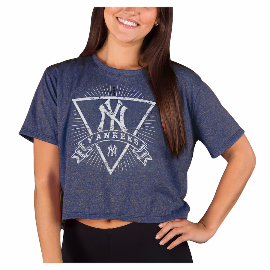 Women's New York Yankees Concepts Sport Heather Navy Distressed Quest Boxy Cropped T-Shirt - Jersey