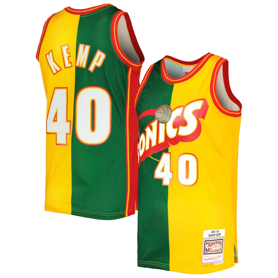 Men's Seattle SuperSonics Shawn Kemp Mitchell & Ness Green/Gold Hardwood Classics 1995/96 Split Swingman Jersey - Jersey