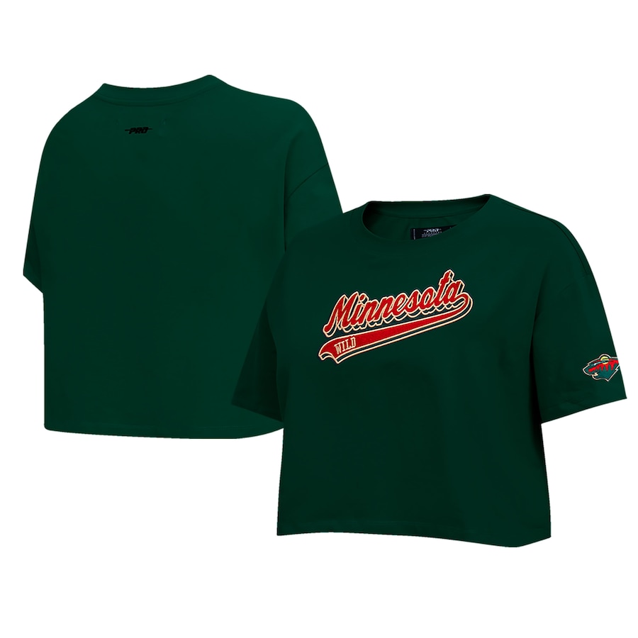 Women's Minnesota Wild Pro Standard Green Boxy Script Tail Cropped T-Shirt - Jersey
