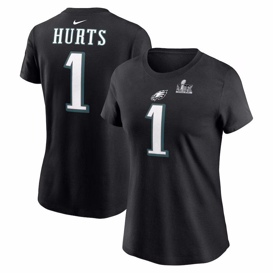 Women's Philadelphia Eagles Jalen Hurts Nike Black Super Bowl LIX Name & Number T-Shirt - Jersey