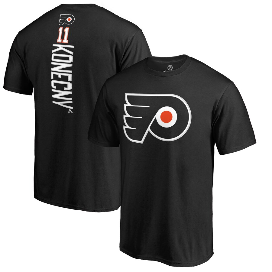 Men's Philadelphia Flyers Travis Konecny Black Team Logo Backer Name & Number T-Shirt - Jersey