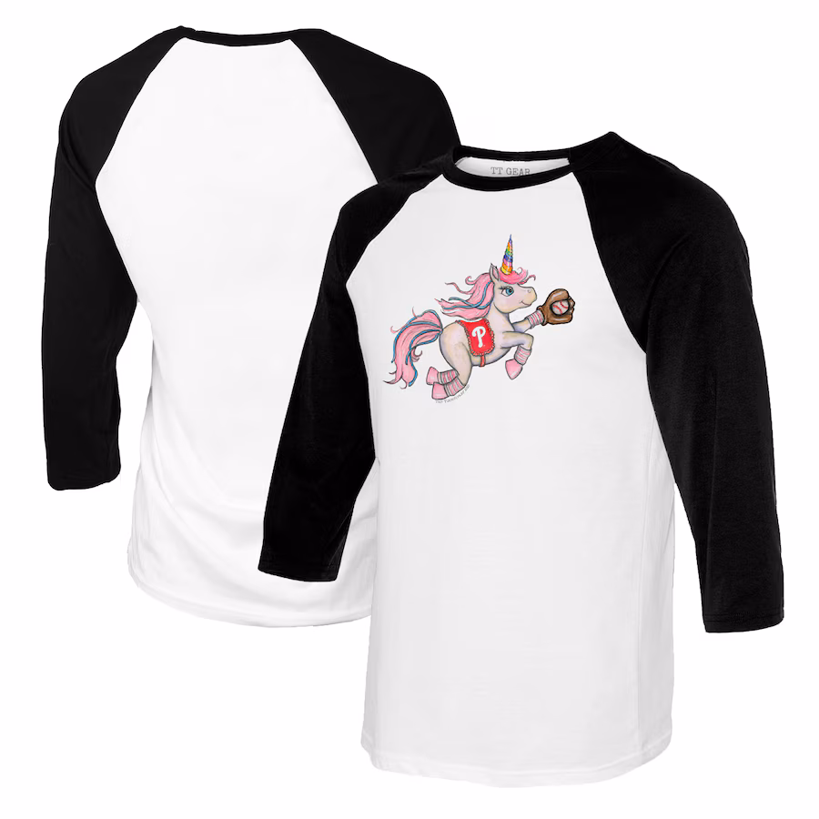 Youth Philadelphia Phillies Tiny Turnip White/Black Unicorn Raglan 3/4 Sleeve T-Shirt - Jersey