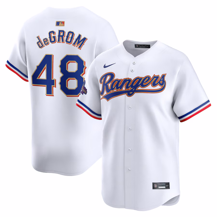Men's Texas Rangers Jacob deGrom Nike White 2024 Gold Collection Limited Player Jersey - Jersey