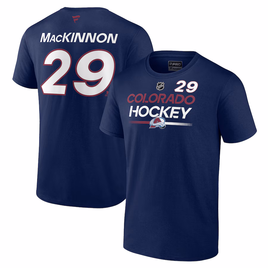 Men's Colorado Avalanche Nathan MacKinnon Fanatics Navy Authentic Pro Prime Name & Number T-Shirt - Jersey