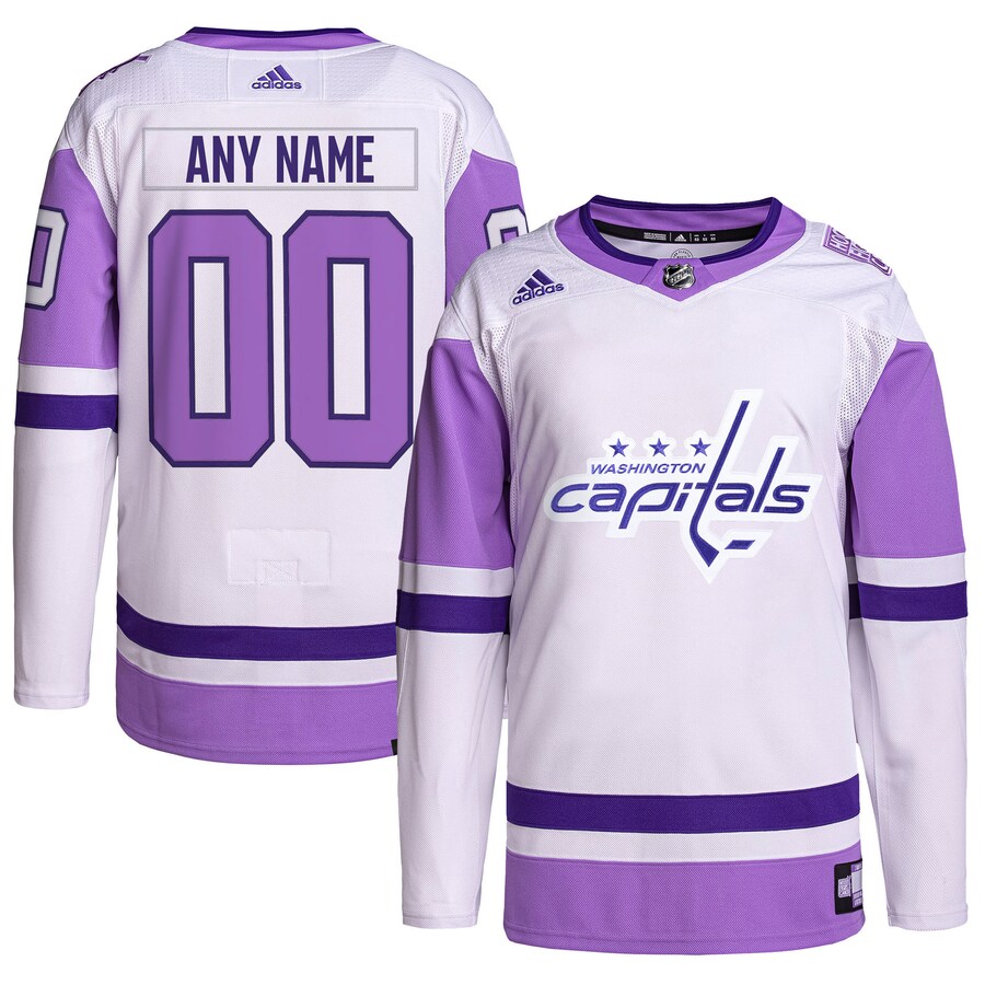 Men's Washington Capitals adidas White/Purple Hockey Fights Cancer Primegreen Authentic Custom Jersey - Jersey