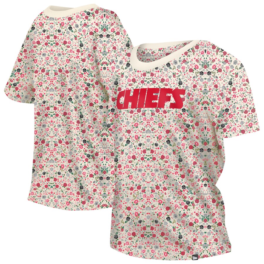 Women's Kansas City Chiefs New Era Cream Glam Game Floral T-Shirt - Jersey