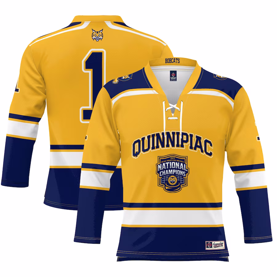 Quinnipiac Bobcats GameDay Greats 2023 NCAA Men's Ice Hockey National Champions Hockey Jersey - Gold - Jersey