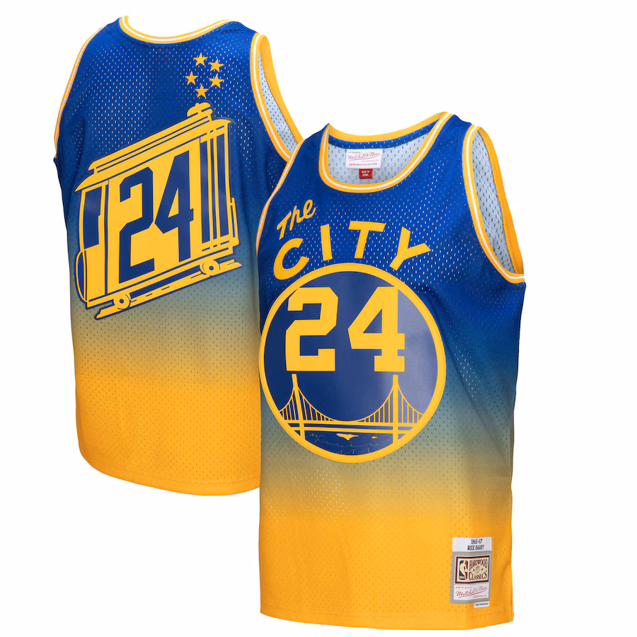 Men's San Francisco Warriors Rick Barry Mitchell & Ness Gold/Royal 1966/67 Hardwood Classics Fadeaway Swingman Player Jersey - Jersey