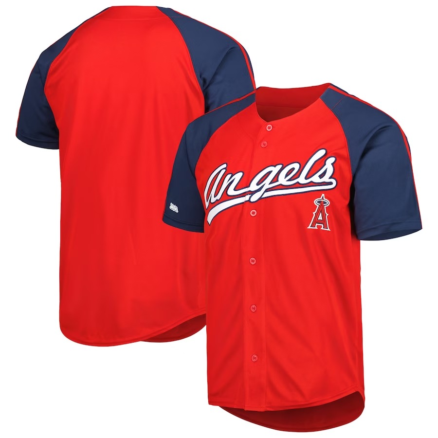 Men's Los Angeles Angels Stitches Red Button-Down Raglan Fashion Jersey - Jersey
