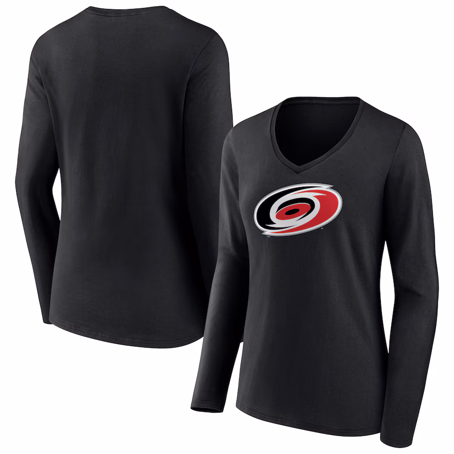 Women's Carolina Hurricanes Black Primary Team Logo Long Sleeve V-Neck T-Shirt - Jersey