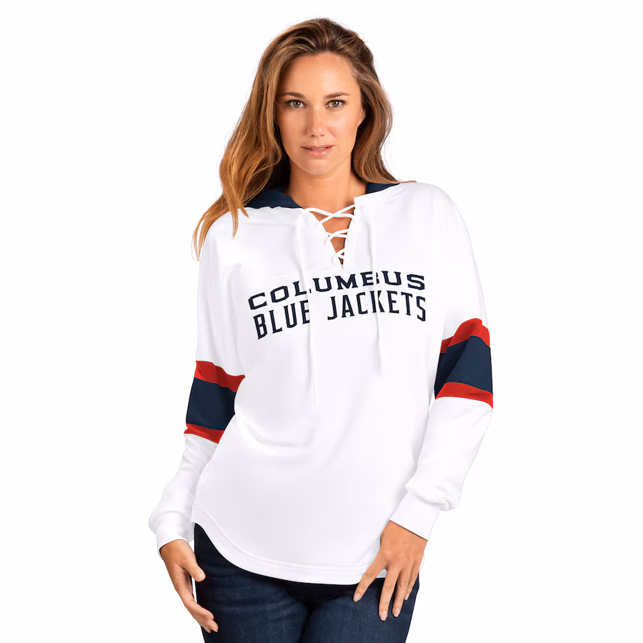 Women's Columbus Blue Jackets G-III 4Her by Carl Banks White Goal Zone Long Sleeve Lace-Up Hoodie T-Shirt - Jersey