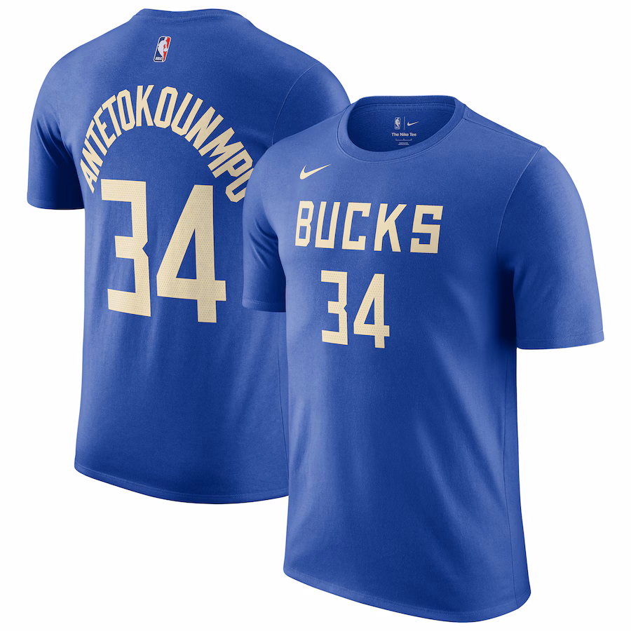 Men's Milwaukee Bucks Giannis Antetokounmpo Nike Royal 2024/25 City Edition Name & Number T-Shirt - Jersey