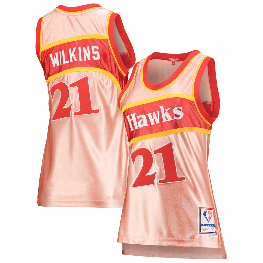 Women's Atlanta Hawks Dominique Wilkins Mitchell & Ness Pink 75th Anniversary Rose Gold 1986 Swingman Jersey - Jersey