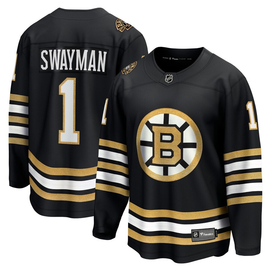 Men's Boston Bruins Jeremy Swayman Fanatics Branded Black 100th Anniversary Premier Breakaway Player Jersey - Jersey