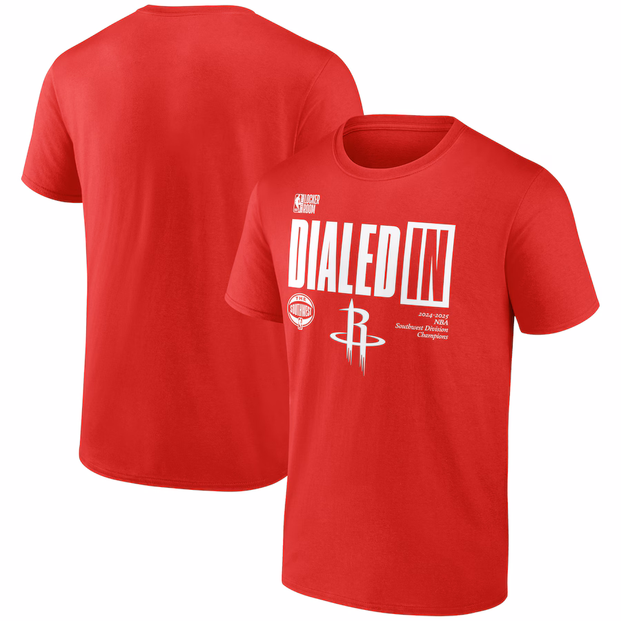 Men's Houston Rockets  Fanatics Athletic Red 2025 Southwest Division Champions Locker Room T-Shirt - Jersey