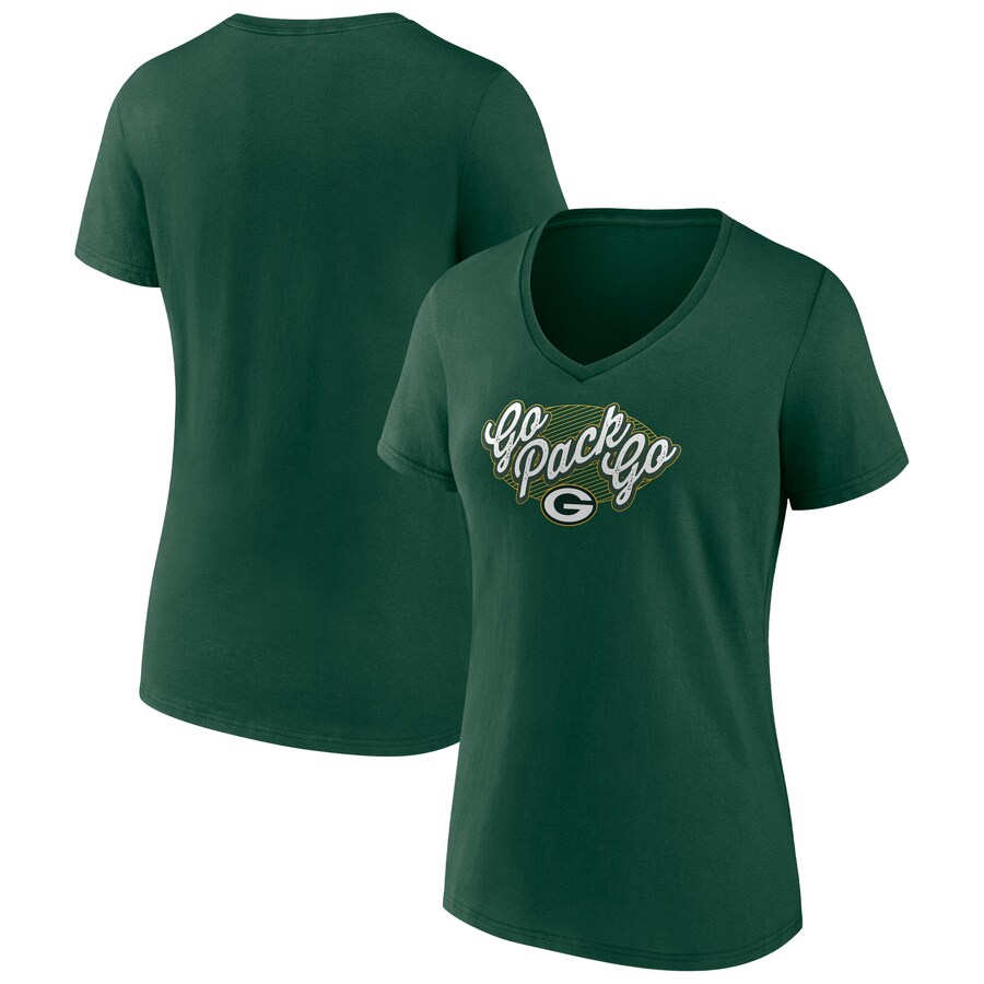 Women's Green Bay Packers Fanatics Green Back Home Again Distressed V-Neck T-Shirt - Jersey