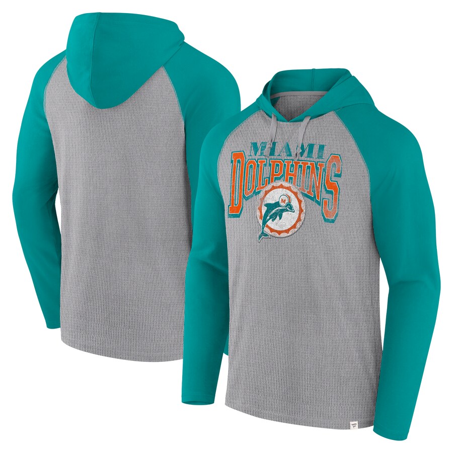 Men's Miami Dolphins Fanatics Gray/Aqua Under Center Long Sleeve Hoodie T-Shirt - Jersey