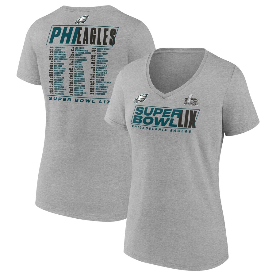 Women's Philadelphia Eagles Fanatics Heather Gray Super Bowl LIX Roster V-Neck T-Shirt - Jersey