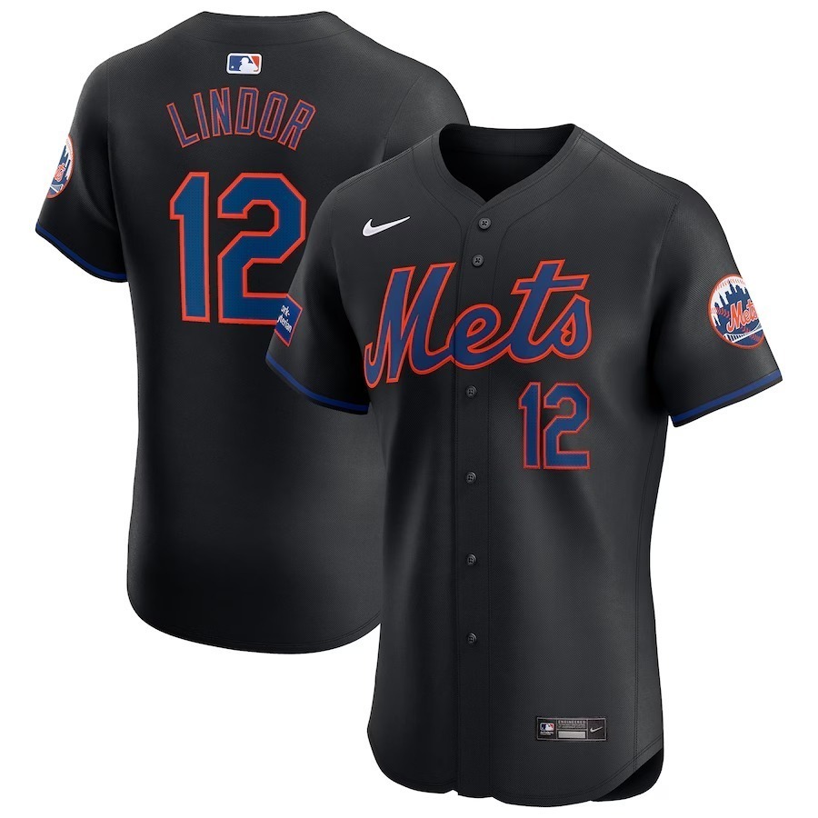 Men's New York Mets Francisco Lindor Nike Black Alternate Elite Sponsor Patch Player Jersey - Jersey