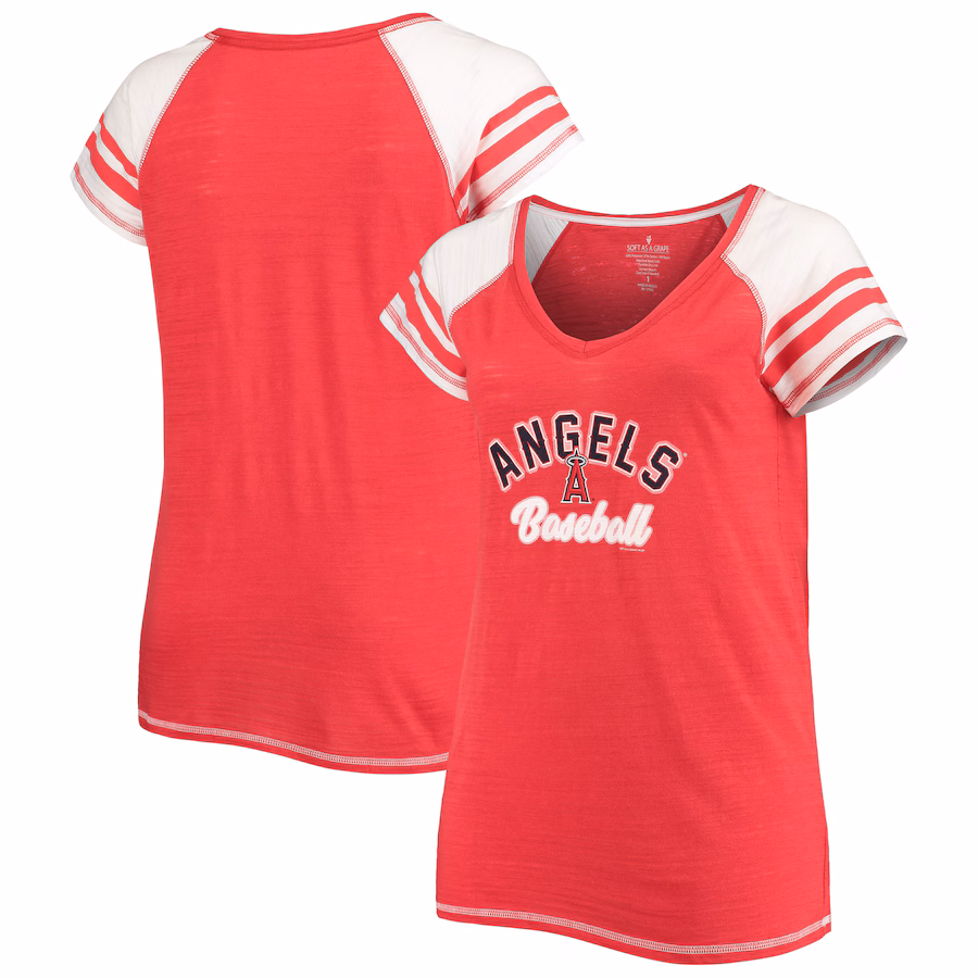 Women's Los Angeles Angels Soft as a Grape Red Curvy Color Block Tri-Blend Raglan V-Neck T-Shirt - Jersey