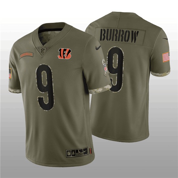 Men's Cincinnati Bengals #9 Joe Burrow 2022 Olive Salute To Service Limited Stitched Jersey - Jersey