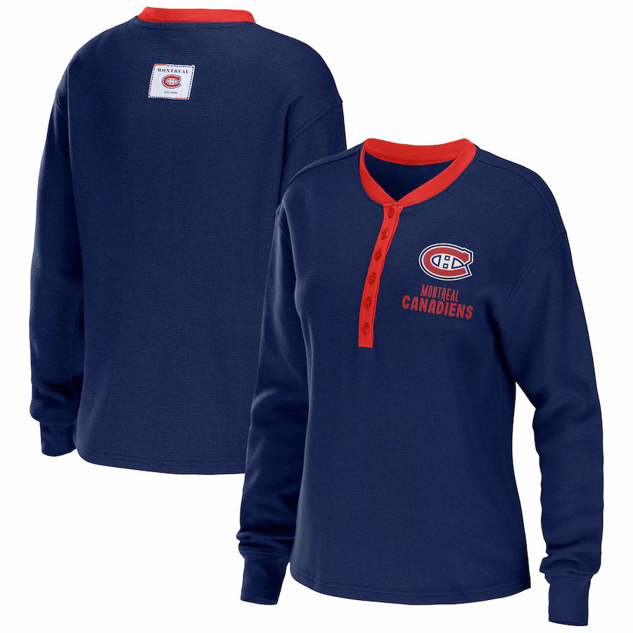 Women's Montreal Canadiens WEAR by Erin Andrews Navy Waffle Henley Long Sleeve T-Shirt - Jersey