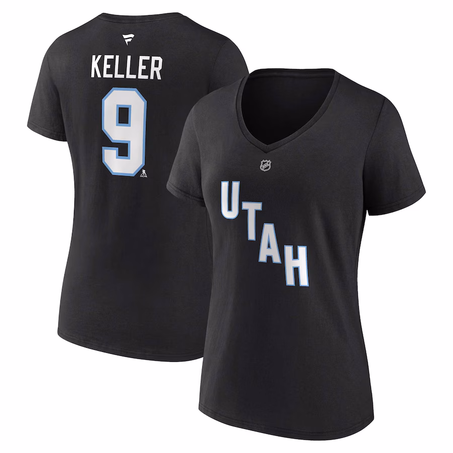 Women's Utah Hockey Club Clayton Keller Fanatics Black Authentic Stack Name & Number V-Neck T-Shirt - Jersey