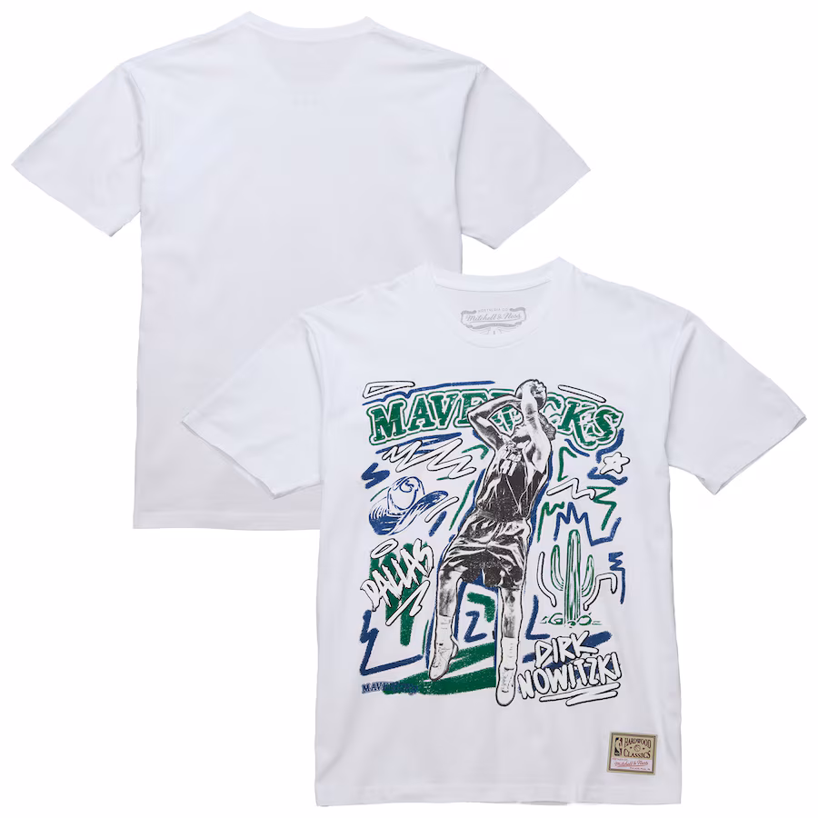 Men's Dallas Mavericks Dirk Nowitzki Mitchell & Ness White Hardwood Classics Chalked Up T-Shirt - Jersey