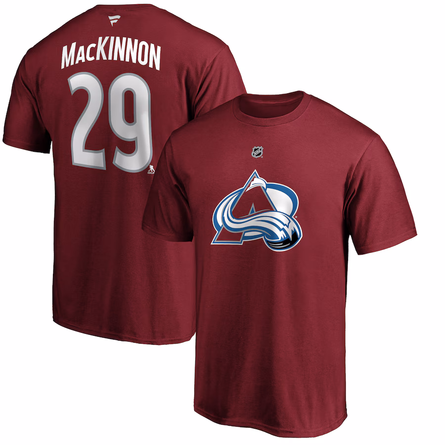 Men's Colorado Avalanche Nathan MacKinnon Fanatics Burgundy Team Authentic Stack Name & Number T-Shirt - Jersey