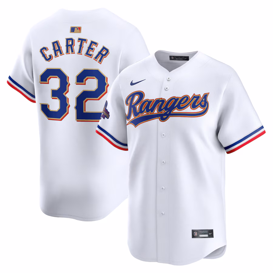Men's Texas Rangers Evan Carter Nike White 2024 Gold Collection Limited Player Jersey - Jersey